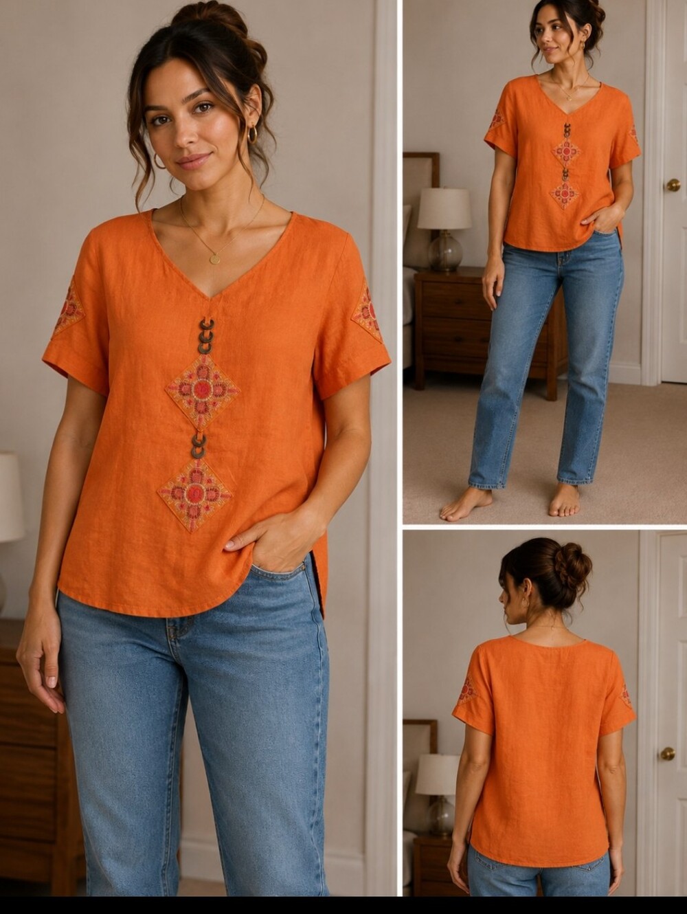 Source Unknown Orange Embroidered Short Sleeve Women’s Top